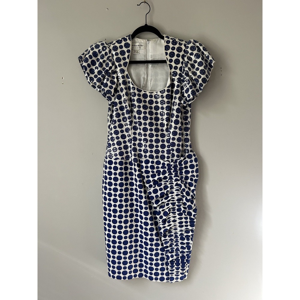 Morton Myles 80's Party Dress Sequin Blue Polka Dot‎ Ruffle size M/L